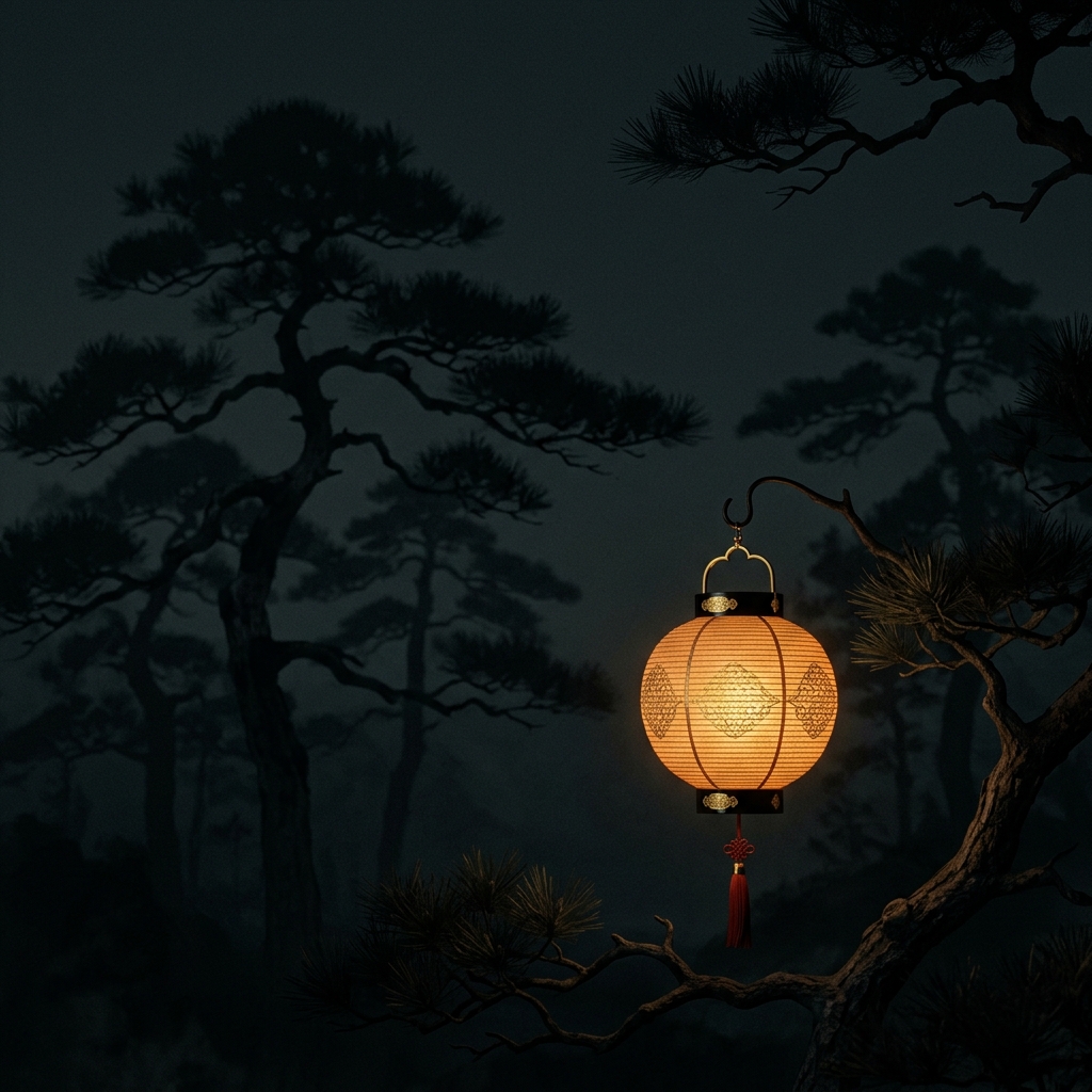 夜煞云 Yasha Cloud 品牌视觉 - 东方意境中的静谧古灯，象征安全、隐秘与稳定的专线网络连接